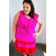 Fuchsia Ruffle V Neck Crepe Tiered Midi Dress
