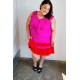 Fuchsia Ruffle V Neck Crepe Tiered Midi Dress
