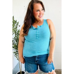 Summer Days Melange Ribbed Henley Button Down Tank in  Ice Blue