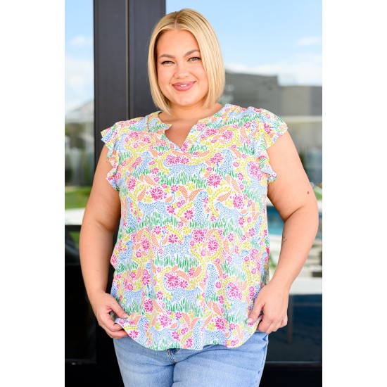 Lizzy Flutter Sleeve Top in Ivory and Pink Abstract Lizzy Flutter Sleeve Top in Ivory and Pink Abstract