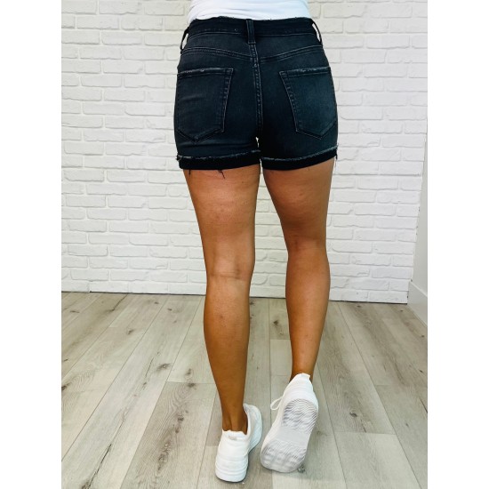 Sunset Stroll Distressed Hem Shorts in Washed Black Sunset Stroll Distressed Hem Shorts in Washed Black