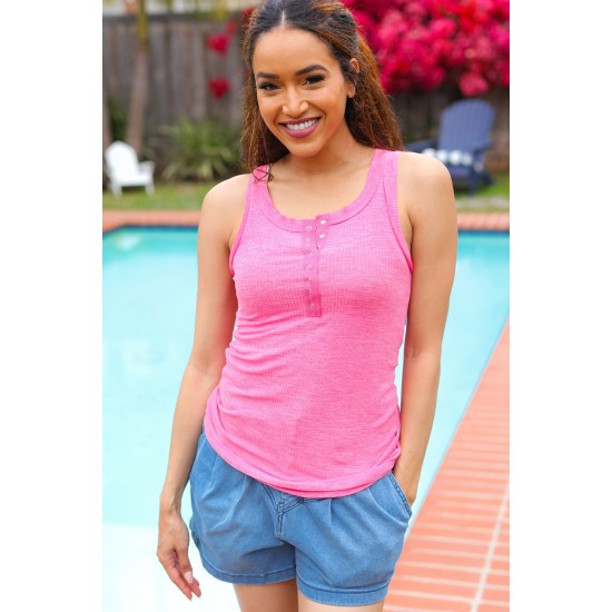 Summer Days Melange Ribbed Henley Button Down Tank in Fuchsia Summer Days Melange Ribbed Henley Button Down Tank in Fuchsia
