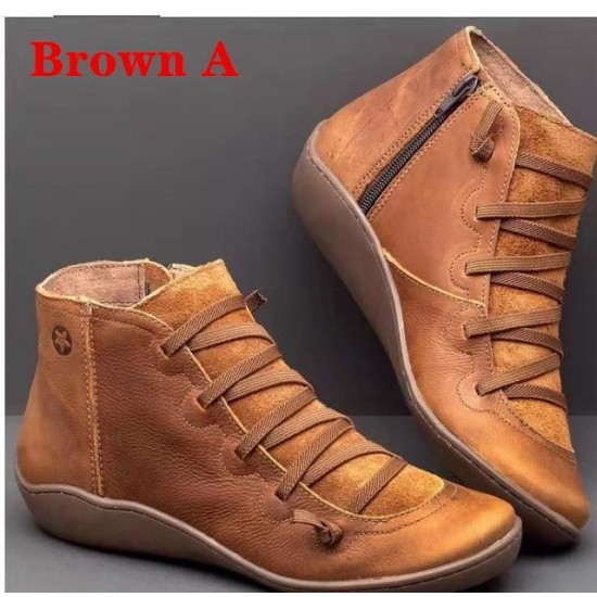 PU Leather Ankle Boots Autumn Winter Cross Strappy Vintage PU Leather Ankle Boots Autumn Winter Cross Strappy Vintage