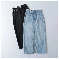 Front Slit Denim Skirt Women Long Jeans Skirt