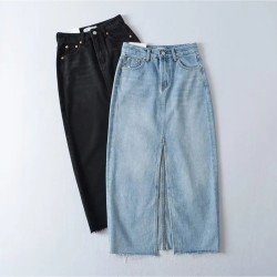 Front Slit Denim Skirt Women Long Jeans Skirt