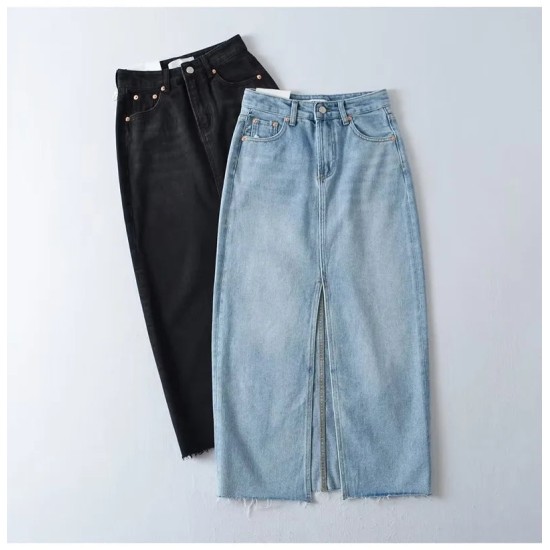 Front Slit Denim Skirt Women Long Jeans Skirt Front Slit Denim Skirt Women Long Jeans Skirt