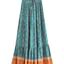 Fashion Floral Print Beach Bohemian Pleated Skirt Rayon Maxi Skirts