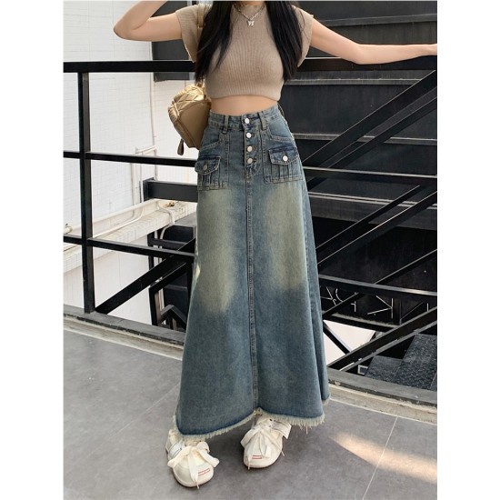 Denim Button Pockets Ankle Length A Line Tassel Long Skirt Denim Button Pockets Ankle Length A Line Tassel Long Skirt