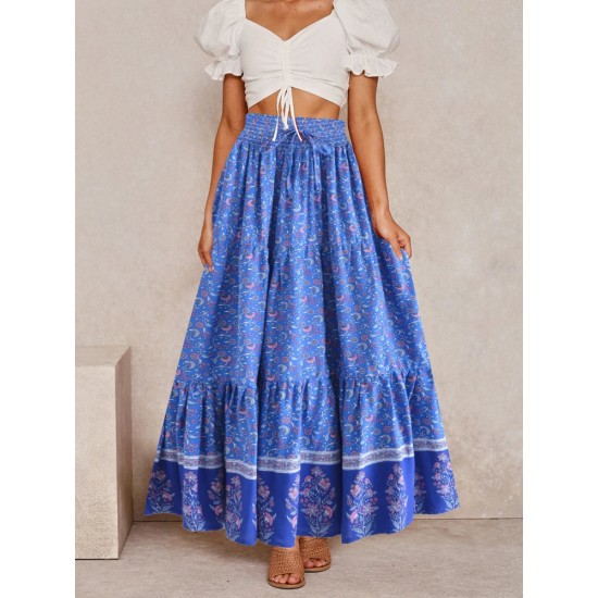 Fashion Floral Print Beach Bohemian Pleated Skirt Rayon Maxi Skirts Fashion Floral Print Beach Bohemian Pleated Skirt Rayon Maxi Skirts