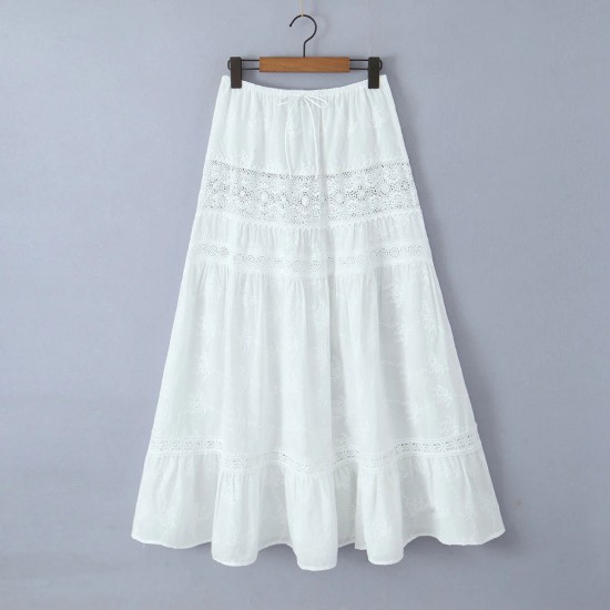 Embroidery Flower Spliced Lace Elastic Waist Ankle Long Skirt Embroidery Flower Spliced Lace Elastic Waist Ankle Long Skirt