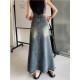Denim Button Pockets Ankle Length A Line Tassel Long Skirt Denim Button Pockets Ankle Length A Line Tassel Long Skirt