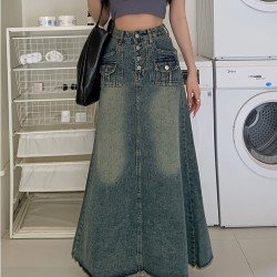 Denim Button Pockets Ankle Length A Line Tassel Long Skirt