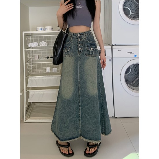 Denim Button Pockets Ankle Length A Line Tassel Long Skirt Denim Button Pockets Ankle Length A Line Tassel Long Skirt