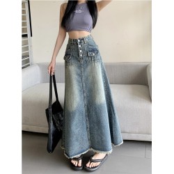 Denim Button Pockets Ankle Length A Line Tassel Long Skirt