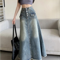 Denim Button Pockets Ankle Length A Line Tassel Long Skirt