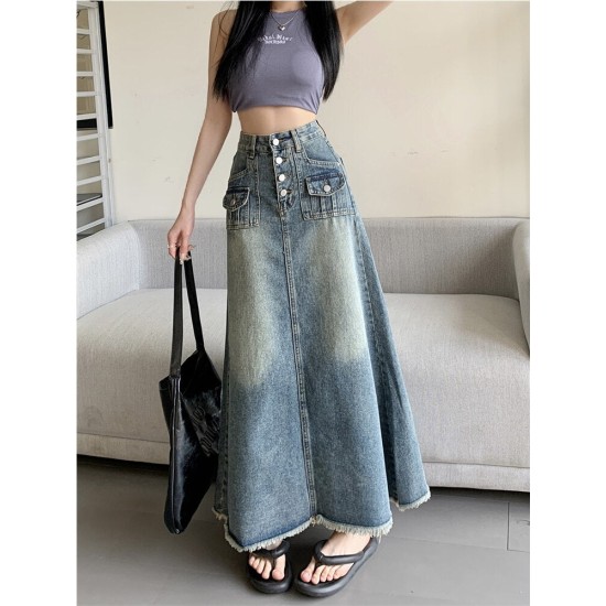 Denim Button Pockets Ankle Length A Line Tassel Long Skirt Denim Button Pockets Ankle Length A Line Tassel Long Skirt