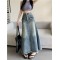 Denim Button Pockets Ankle Length A Line Tassel Long Skirt