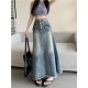 Denim Button Pockets Ankle Length A Line Tassel Long Skirt Denim Button Pockets Ankle Length A Line Tassel Long Skirt