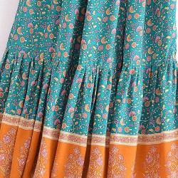 Fashion Floral Print Beach Bohemian Pleated Skirt Rayon Maxi Skirts