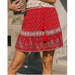 Boho Floral Print Tassels Sashes Elastic Waist Vintage Mini Skirts