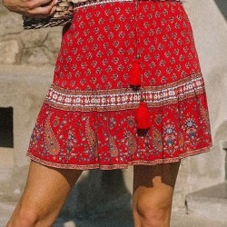 Boho Floral Print Tassels Sashes Elastic Waist Vintage Mini Skirts
