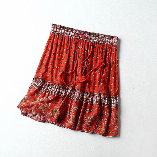 Boho Floral Print Tassels Sashes Elastic Waist Vintage Mini Skirts Boho Floral Print Tassels Sashes Elastic Waist Vintage Mini Skirts