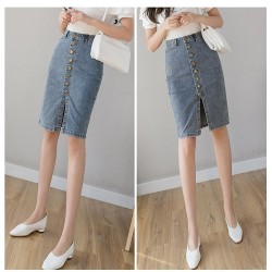 Denim Sheath Wrap Single-Breasted High Waist Pencil Midi Skirt
