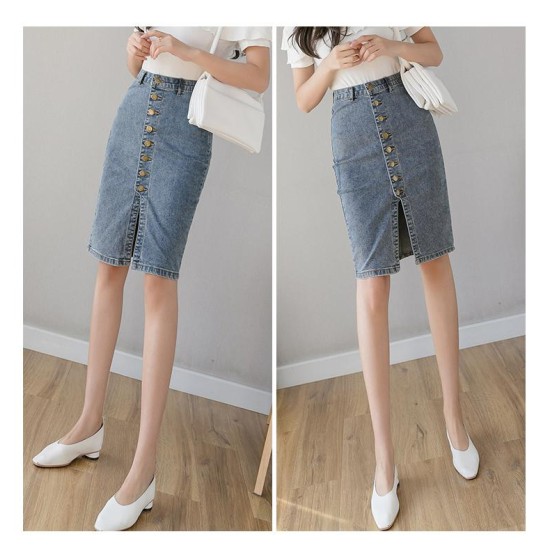 Denim Sheath Wrap Single-Breasted High Waist Pencil Midi Skirt Denim Sheath Wrap Single-Breasted High Waist Pencil Midi Skirt