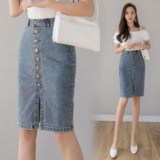 Denim Sheath Wrap Single-Breasted High Waist Pencil Midi Skirt Denim Sheath Wrap Single-Breasted High Waist Pencil Midi Skirt