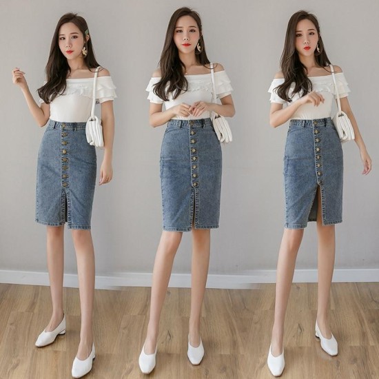 Denim Sheath Wrap Single-Breasted High Waist Pencil Midi Skirt Denim Sheath Wrap Single-Breasted High Waist Pencil Midi Skirt