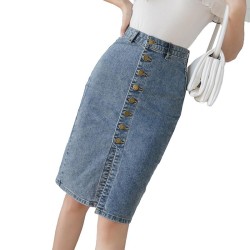 Denim Sheath Wrap Single-Breasted High Waist Pencil Midi Skirt