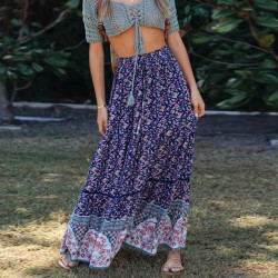Elastic waist maxi skirt loose casual vintage beige floral print