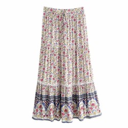 Elastic waist maxi skirt loose casual vintage beige floral print