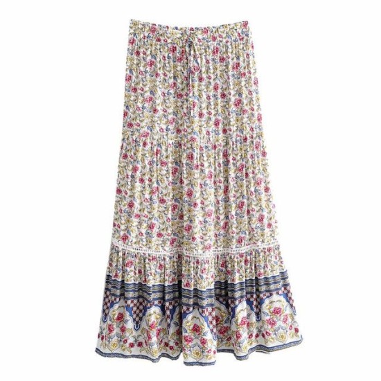 Elastic waist maxi skirt loose casual vintage beige floral print Elastic waist maxi skirt loose casual vintage beige floral print