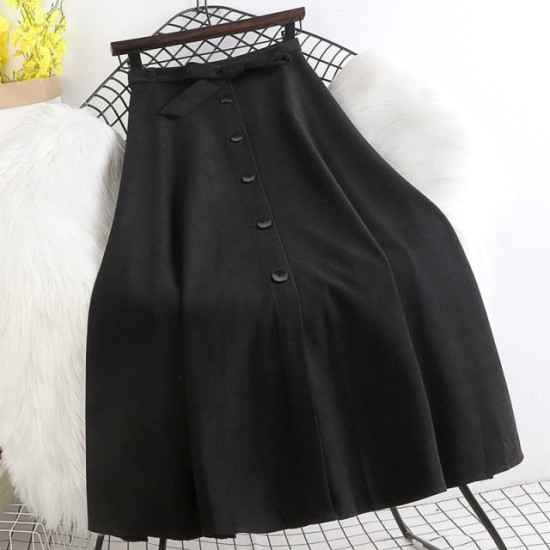Fashion Elastic High Waist Single Breasted Bowknot Pleated Mid-Skirt Fashion Elastic High Waist Single Breasted Bowknot Pleated Mid-Skirt