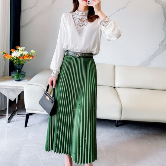 Fashion Diamond Beaded Satin Midi Long Pleated Skirt Women Style High Waist Fashion Diamond Beaded Satin Midi Long Pleated Skirt Women Style High Waist