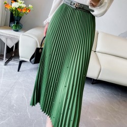 Fashion Diamond Beaded Satin Midi Long Pleated Skirt Women Style High Waist