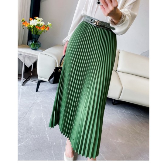 Fashion Diamond Beaded Satin Midi Long Pleated Skirt Women Style High Waist Fashion Diamond Beaded Satin Midi Long Pleated Skirt Women Style High Waist