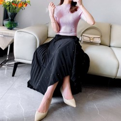 Fashion Diamond Beaded Satin Midi Long Pleated Skirt Women Style High Waist