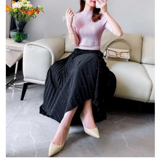 Fashion Diamond Beaded Satin Midi Long Pleated Skirt Women Style High Waist Fashion Diamond Beaded Satin Midi Long Pleated Skirt Women Style High Waist