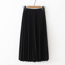 High Waist Solid Color Pleated Causal Midi Skirt