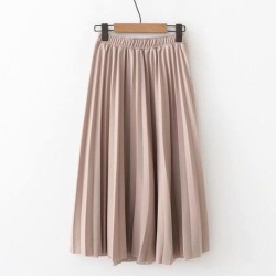 High Waist Solid Color Pleated Causal Midi Skirt