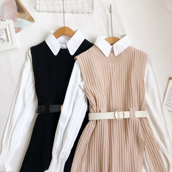 Vest Sweater Women White Shirts Knitted Vest Two-piece Set Vest Sweater Women White Shirts Knitted Vest Two-piece Set