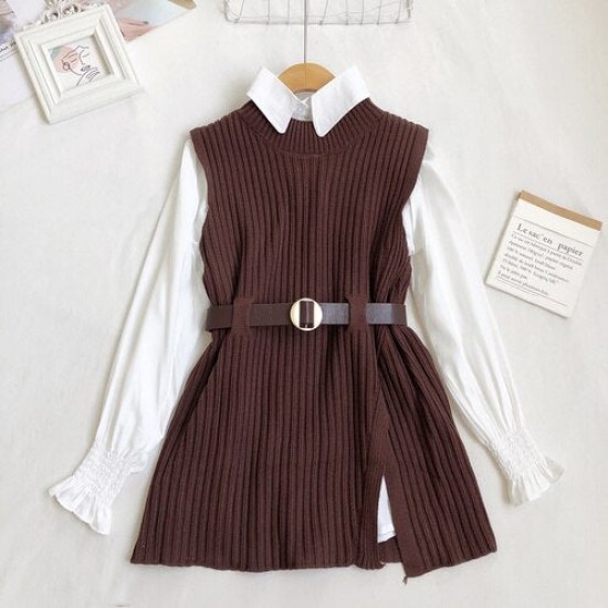Vest Sweater Women White Shirts Knitted Vest Two-piece Set Vest Sweater Women White Shirts Knitted Vest Two-piece Set