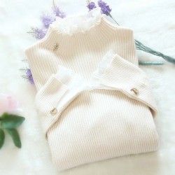Patchwork Warm Sweater Women Elegant Long Sleeve Slim Turtleneck Knitted