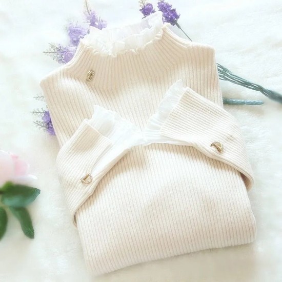 Patchwork Warm Sweater Women Elegant Long Sleeve Slim Turtleneck Knitted Patchwork Warm Sweater Women Elegant Long Sleeve Slim Turtleneck Knitted