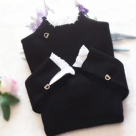Patchwork Warm Sweater Women Elegant Long Sleeve Slim Turtleneck Knitted Patchwork Warm Sweater Women Elegant Long Sleeve Slim Turtleneck Knitted