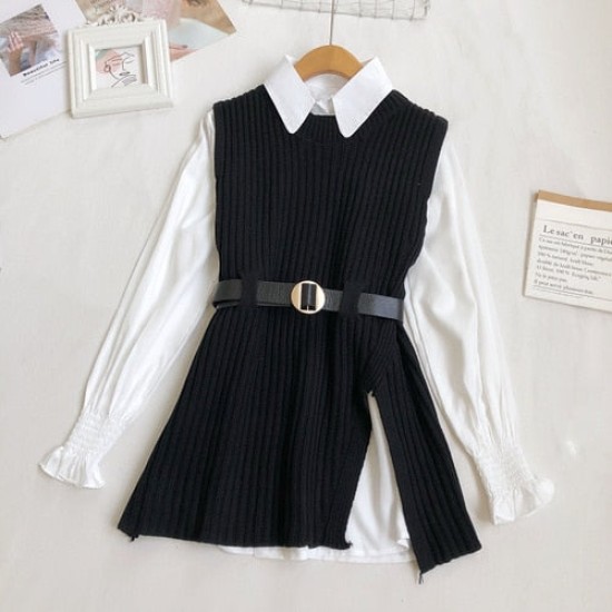 Vest Sweater Women White Shirts Knitted Vest Two-piece Set Vest Sweater Women White Shirts Knitted Vest Two-piece Set
