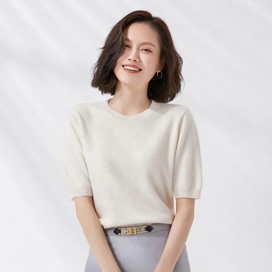 Short-sleeved O-neck Pullover T-shirt Knitted Base Sweater Short-sleeved O-neck Pullover T-shirt Knitted Base Sweater