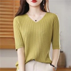 Women's V-neck Short-Sleeved Knitted Sweater Pullover Solid Color